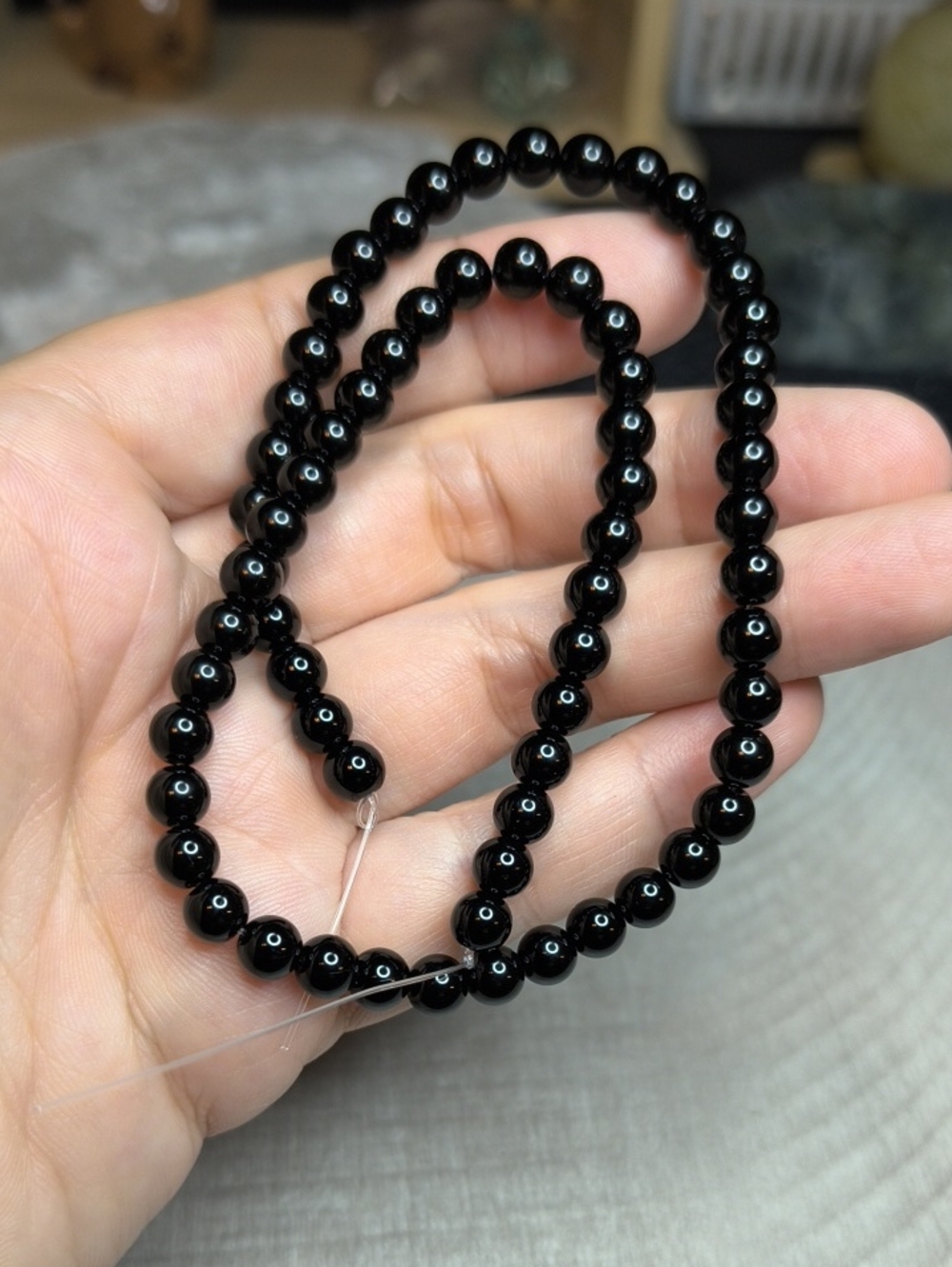 #5- 6mm Glossy Black Glass Beads Strand - 15 Inch